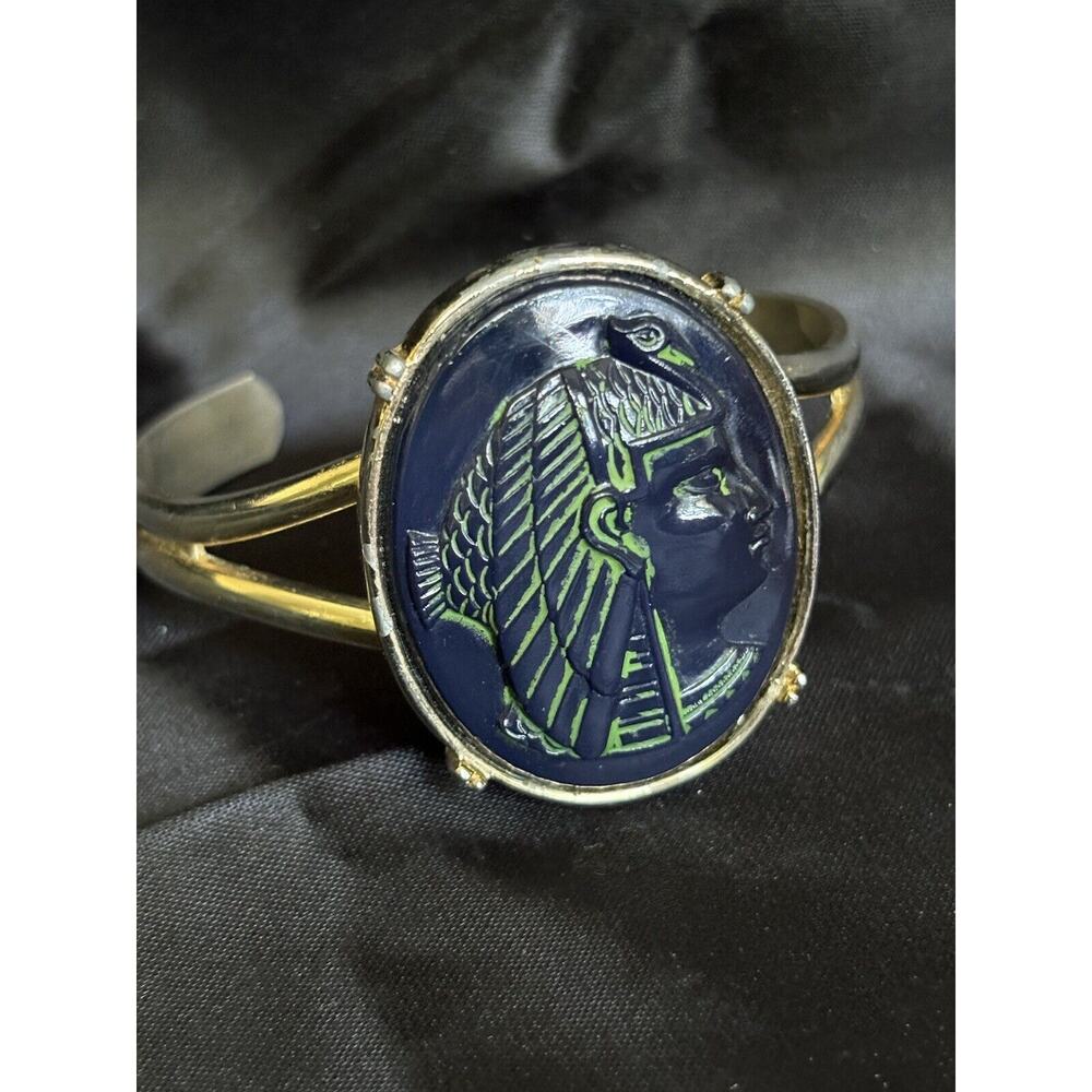 Pharaoh Egyptian Revival Cuff Bracelet Blue Glass & Gold Tone Statement Bracelet - Picture 13 of 13